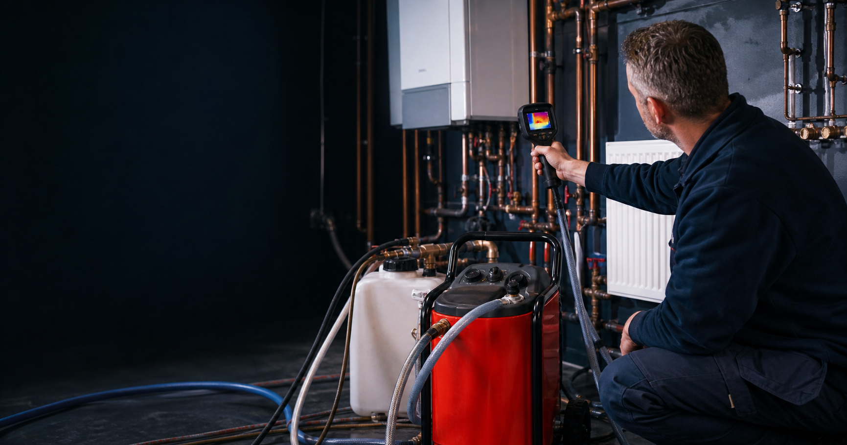 Heating engineer demonstrating power flushing equipment with a thermal imaging camera